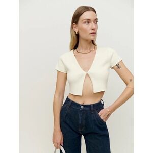 REFORMATION Anny Cotton Short Sleeve Cardigan Sweater Gossamer Off White Small